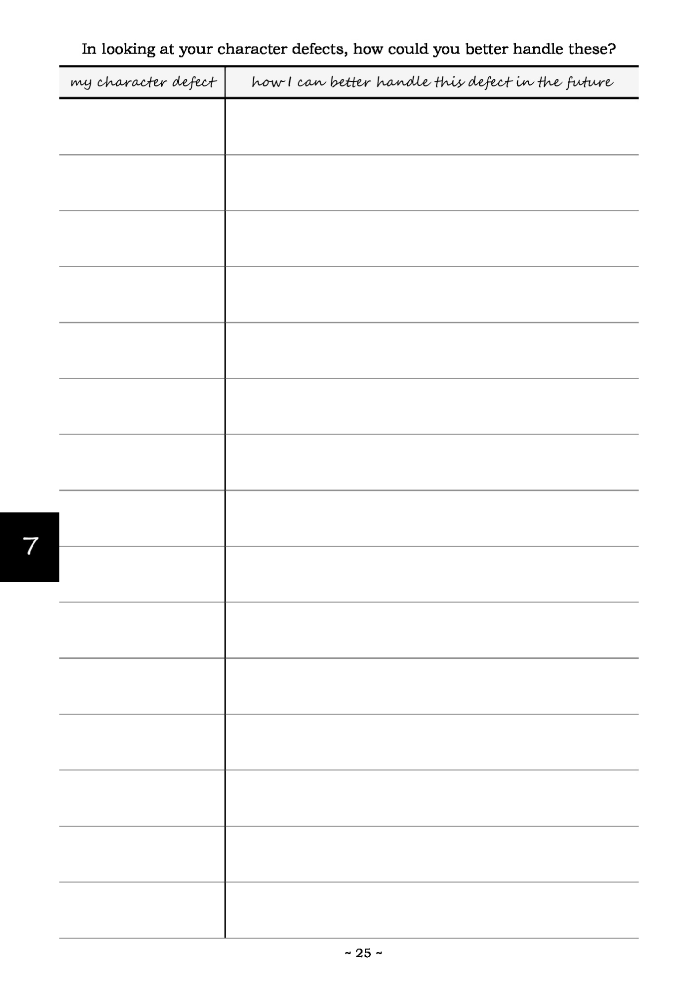 Alcoholics Anonymous Step 7 Worksheet