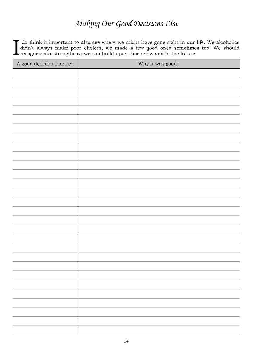 Step 4 1 page gentle lists - our moral inventory