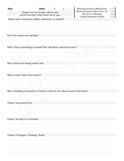 AA 10th Step Worksheet 2: 10th step nightly inventory: aa nightly inventory worksheet